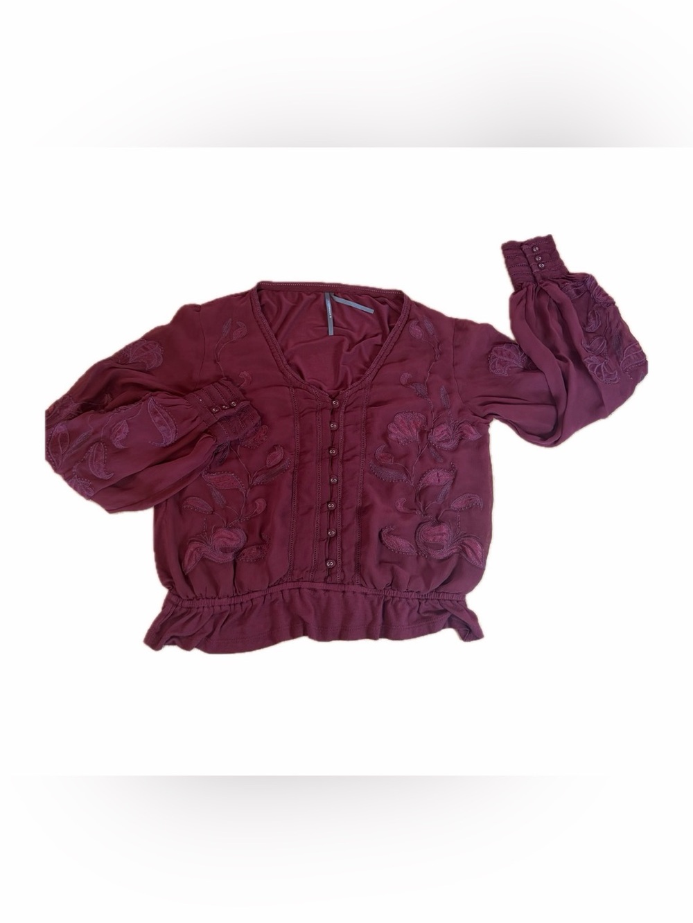 Anthropologie Burgundy Embroidered Button Front Boho Top Blouse Size S